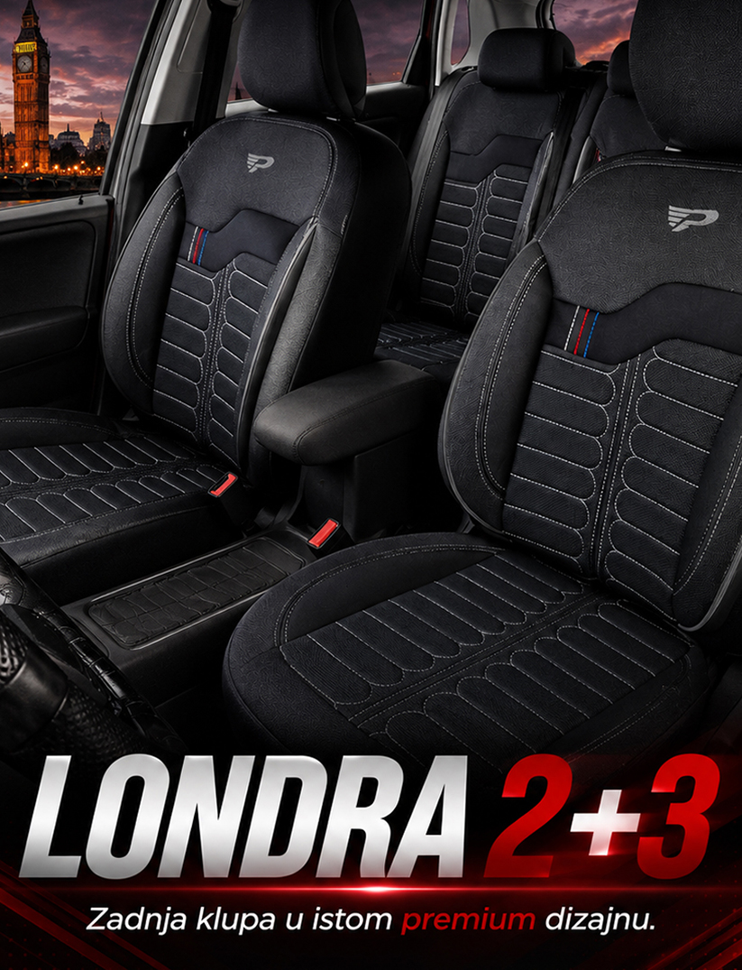 Londra 2+3 auto presvlake crne boje za vozila sa tri zadnja sjedišta prednji dio